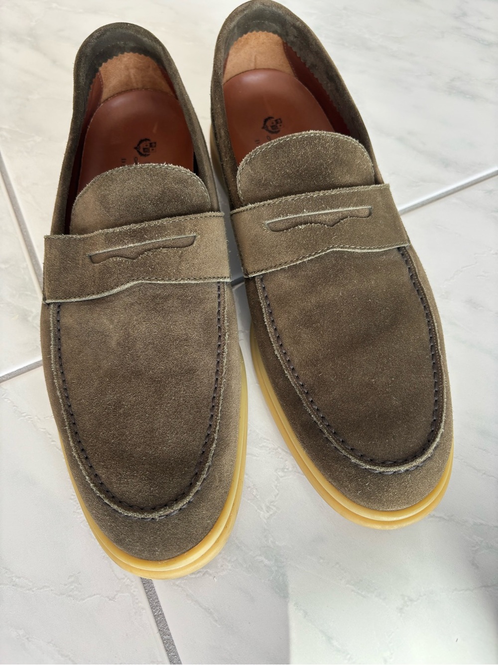 Loro Piana Olive Suede Penny Loafers with Gum Sole